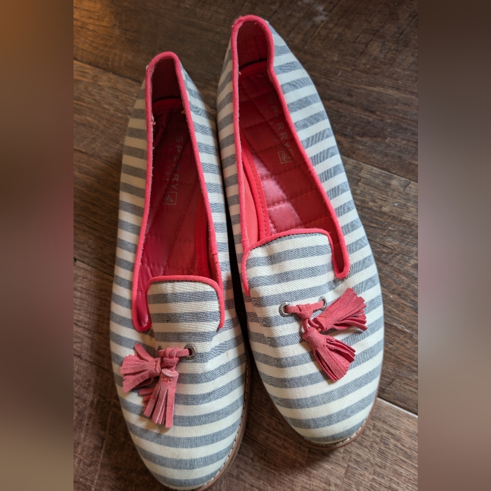 Sperry Women's Striped Loafers with Tassels - Gray and Pink